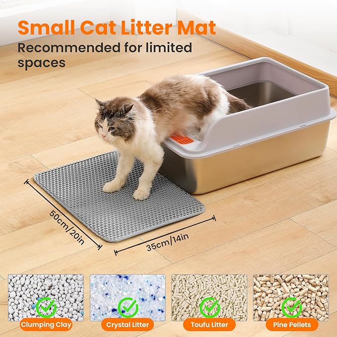 Small Cat Litter Mat, 20x14’’ Double Layer Honeycomb Cat Litter Box Mat, Non Slip Waterproof Urine Proof Litter Trapping Mat for Floor, Kitty Litter Pad, Indoor Pet Supplies, Gray