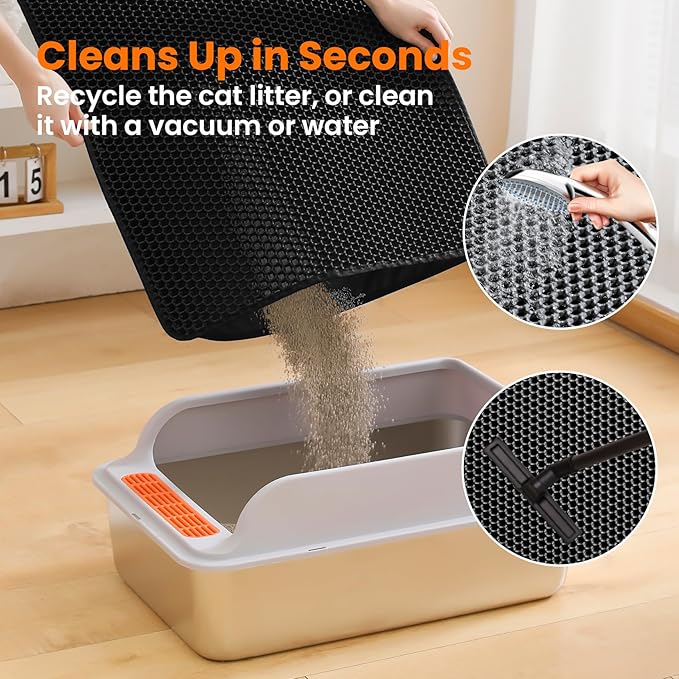 Small Cat Litter Mat, 20x14’’ Double Layer Honeycomb Cat Litter Box Mat, Non Slip Waterproof Urine Proof Litter Trapping Mat for Floor, Kitty Litter Pad, Indoor Pet Supplies, Black