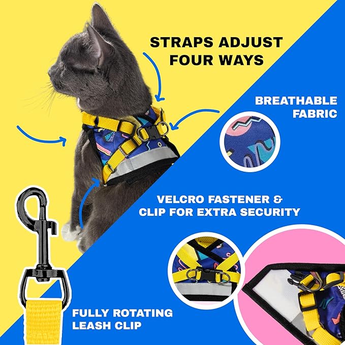 Travel Cat Harness and Leash Set - Adjustable Fit Harness and Reflective Strap - Comfort Walking Vest for Kitten for Outdoor Walking, Hiking (Small, 90s Cat)
