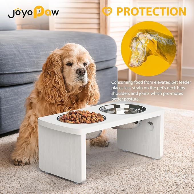 Elevated Dog Bowls, HIPS Raised Dog Bowl for Medium Dogs, with 2 Stainless Steel Bowls (7'' Tall-40 oz Bowl, White)