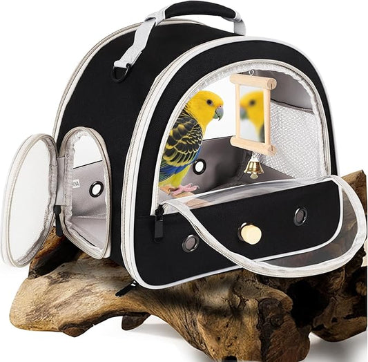 Parrot Travel Cage Carrier with Bird Cage Bells Mirror Set,Portable Small Bird Parakeet Bag with Standing Perch and Comfy Mat Bird Carry Transport Bag with Clear Window Outdoor Adventure