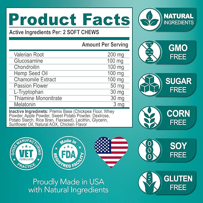 Advanced Calming Chews for Dogs - Hemp Dog Calming Chews - Anxiety Relief with Melatonin - Stress & Separation Anxiety - Sleep Aid + Hip and Joint Supplement Support - Made in USA - 70 Treats