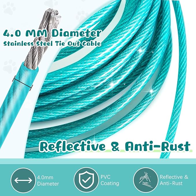 Tie Out Cable for Dogs, 15FT Dog Leads for Yard Chew Proof, Heavy Duty Dog Tie Out Cable with Shock Absorbing Spring for Large Dogs Up to 125lbs, Durable Dog Runner for Yard or Camping