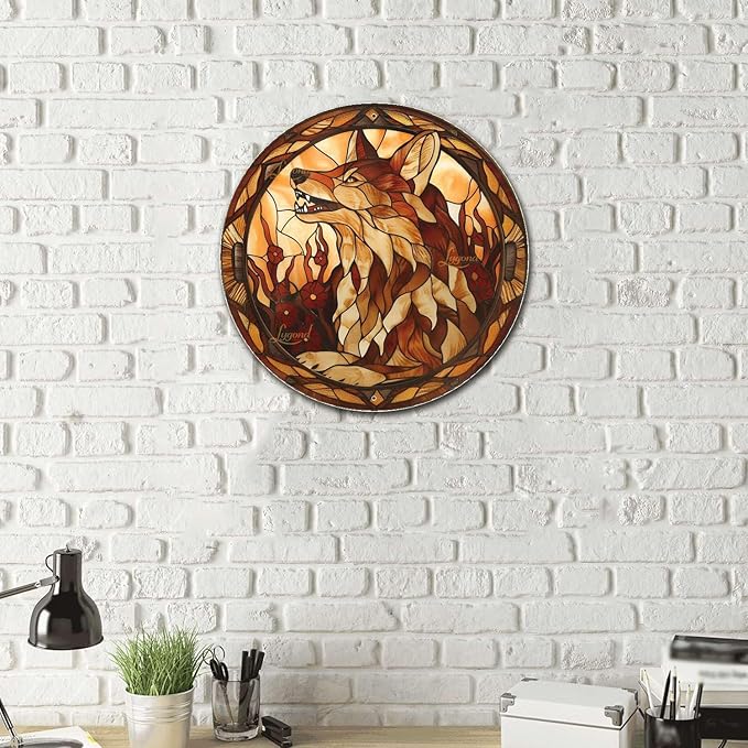 Lygond Metal Sign Tin Sign Circular Stained Glass Coyote Tin Signs Gardening for Bar 8×8 Inches