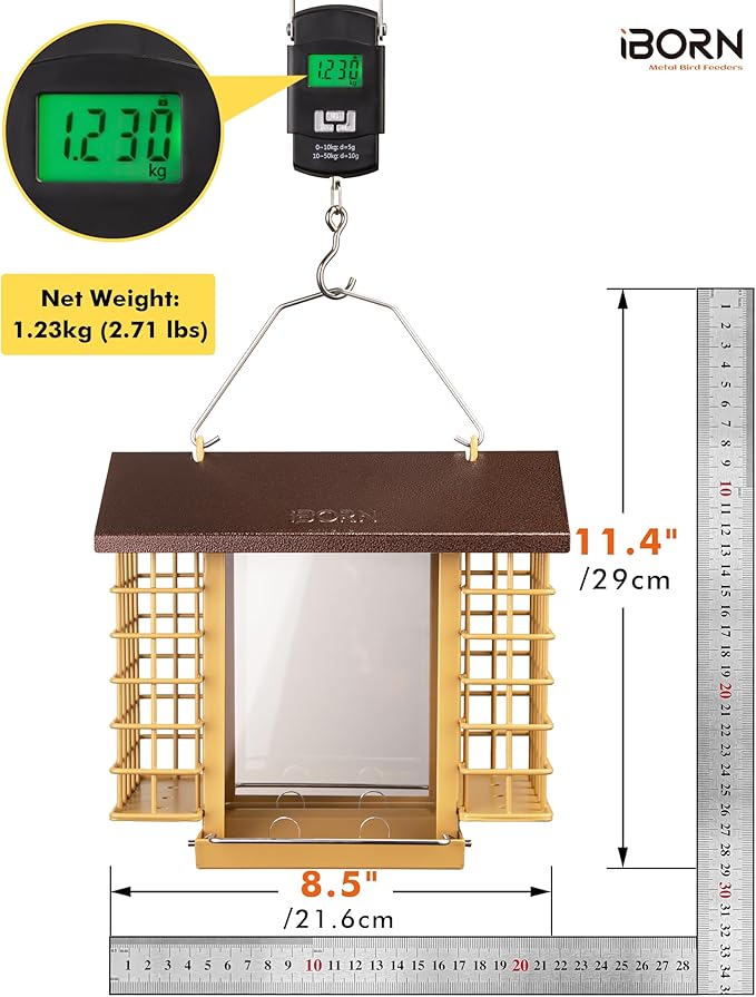 iBorn Bird Feeders for Outdoors,Bird Feeder with Double Suet Holders,Suet Feeder for Outside Hanging,Large Weatherproof Metal Roof,Easy to Refill & Clean,3.2 LBs Seed Capacity + 2X Cakes,1 Pack,Coffee