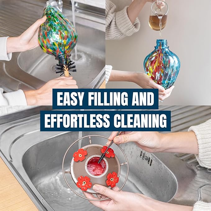 MEKKAPRO Glass Hummingbird Feeders for Outdoors 45oz, Decorative Feeder with Blown Glass Design for Outdoors Hanging and Backyard, Easy Fill with 4 Nectar Feeding Flowers (Sky Blue)