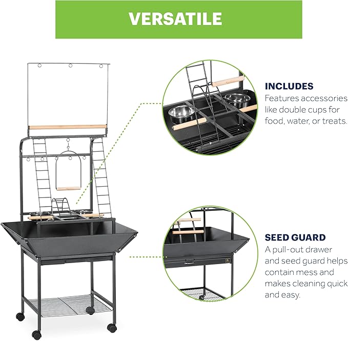 Prevue Pet Products Small Parrot Playstand with Wheels, Bird Stand Activity Play Center with Perches and Ladders, Indoor Outdoor Playground for Birds with Swing, Black Hammertone Finish