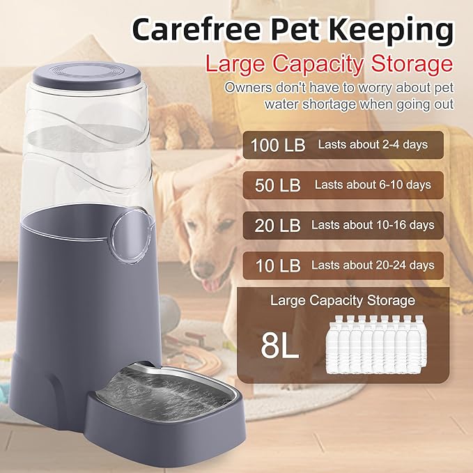 8L Automatic Pet Waterer,Gravity Stainless Steel Water Feeder,Gravity Pet Water Dispenser,Large Capacity Waterer with Stainless Steel Bowl for Medium and Large-Sized Cats and Dogs(8L,Grey)