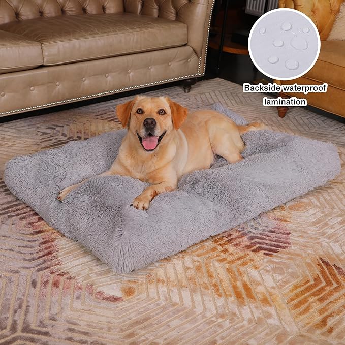Bedfolks Waterproof Dog Crate Pad, Extra Large, Plush Faux Fur Washable Dog Kennel Bed 41"x27", Solid Light Grey