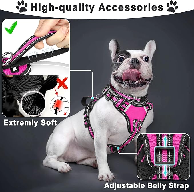 WINSEE Pet Harness Collar and Leash Set, All-in-one Reflective Dog Harness No Pull with Adjustable Buckles for Puppies, Small, Medium, Large, and Extra-Large Dogs (Medium, Rosy)