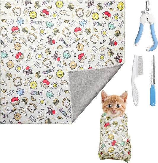 21.6 Inches Cat Wrap for Cutting Nails, Self-Adhesive Restraint Cloth for Cats Multifunctional Cat Grooming Wrap with Pet Nail Clipper, File and Pet Hairbrush