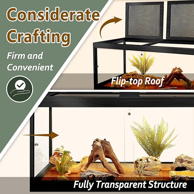 PROLEE Bearded Dragon Tank,37 Gallon Tempered Glass Reptile Tank with Mesh Roof and Front Sliding Door, Anti-Scratch Lizard Tank,Spacious Reptile Enclosure for Snakes,Lguanas, Chameleons(Black)