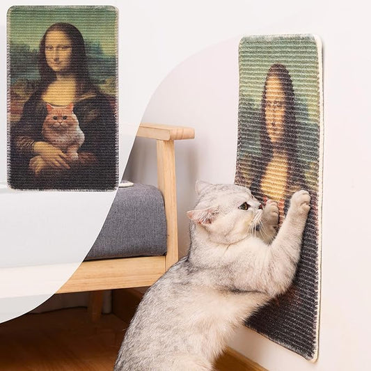 Sisal Cat Scratcher Mat (Use on Wall, Couch and Carpet), Durable and Shedding-Resistant Cat Scratching Surface - 21.7x13 inch with Adhesive Pads and Twist Pins (Monalisa and The Cat)