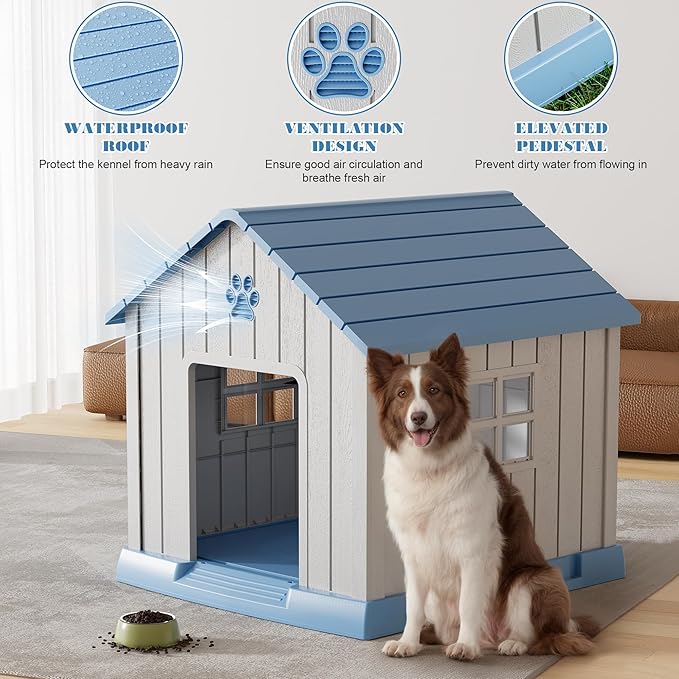 Large Dog House Outdoor Indoor for Medium Large Dogs, Durable Plastic Waterproof Doghouse with Air Vents and Elevated Floor, Easy Clean and Assemble (Blue, 37.2" L x 40" W x 40" H)