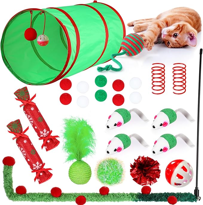 24 Pcs Cat Toys Set Interactive Kitten Toys Pack Including Collapsible Play Tunnel Feather Teaser Wand Fuzzy Ball Springs Pillow Mouse Bells for Indoor Cats Puppy (Green Red,Christmas)