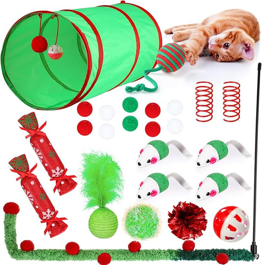 24 Pcs Cat Toys Set Interactive Kitten Toys Pack Including Collapsible Play Tunnel Feather Teaser Wand Fuzzy Ball Springs Pillow Mouse Bells for Indoor Cats Puppy (Green Red,Christmas)