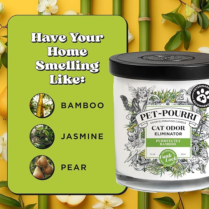 Pet-Pourri Purrfectly Bamboo Cat Deodorizer Candle – Cat Safe Plant Based Ingredients & Wax – Vet Approved – Aromatherapy & Air Freshener for Kitty Odor – Scented with Bamboo, Jasmine & Pear