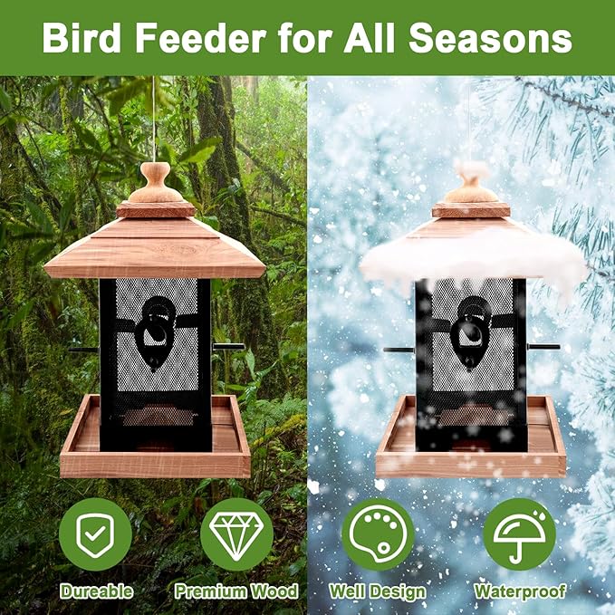 Cedar & Metal Mesh Bird Feeder for Outdoors Hanging Mount Large Capacity, Black Wooden Garden Roof Feeder Lantern Style, Cardinal Bluebird Birdfeeder with Iron Mesh Wall for Garden Decor Durable