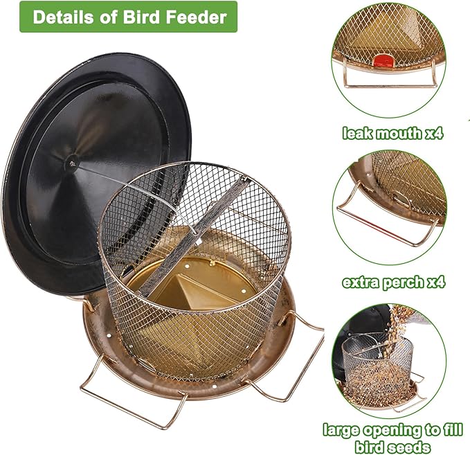 Bird Feeder for Outdoor, Weatherproof Rainproof All Metal Hanging Wild Bird Feeder with 9.8" Roof, 4.5 LBs Seeds Capacity, Easy to Clean & Refill