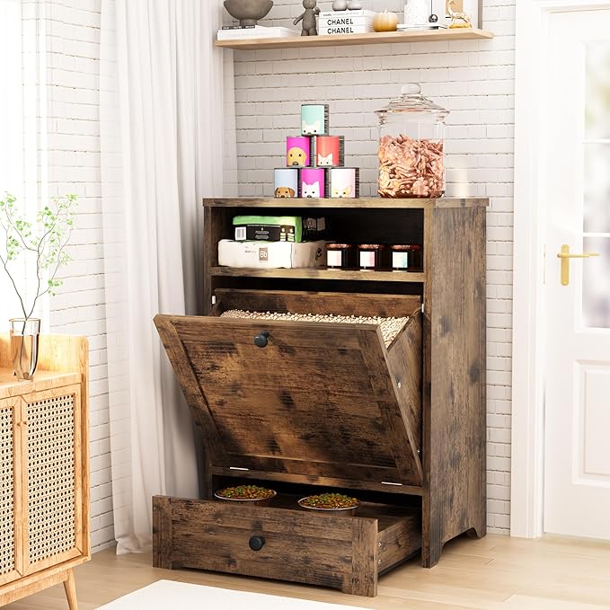 Dog Feeding Station,Dog Food Storage Cabinet, Large Pet Food Organizer Furniture,Dog Food Storage And Feeding Station With Pull-Out Elevated 2 Sus304 Dog Bowl For Feeding & Watering Supplies, Brown