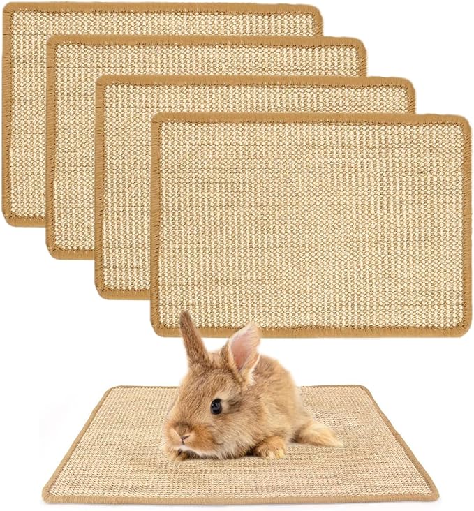 PODOO Bunny Scratch Pads, Sisal Rabbit Scratching Pad, Natural Rabbit Resting Mats for Cages, Forage Grass Mat Indoor Essentials Accessories for Guinea Pig Cat (4Pcs, 15.7x11.8 inches)