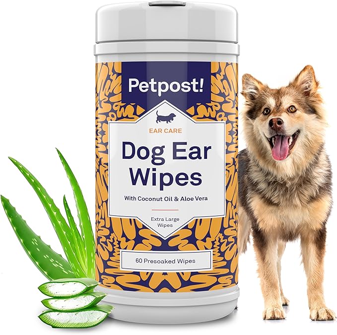 Petpost Large Dog Ear Cleaner Wipes | Ultra Soft XL Cotton Pads in Coconut Oil Aloe Solution | Remedy for Dog Ear Rinse & Cleanser 60 ct.