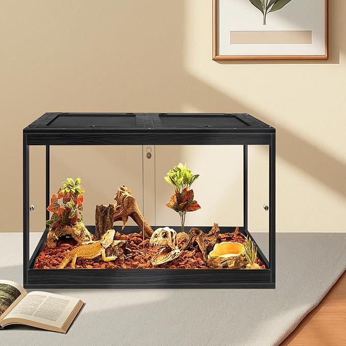 Prolee Tempered Glass Beard Dragon Tank 28 Gallon,Reptile Encloure and Snake Tank with Metal Mesh Roof Door,Locking Design Reptile Tank for Lizard,Gecko,Chameleon (24"X16"X16", Black)