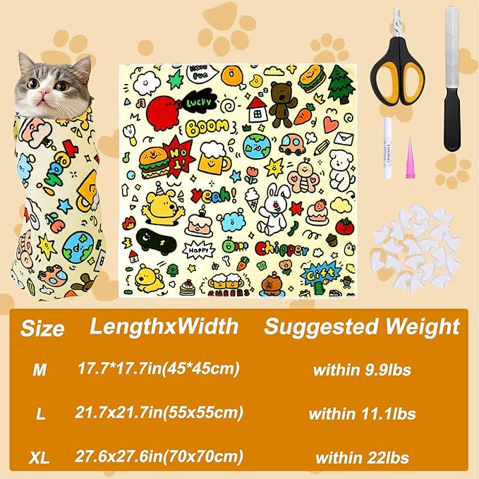 BABORUI Cat Grooming Wrap for Cutting Nails - Self-Adhesive Cat Swaddle Wrap with Nail Clipper Nail Cover, Anti-Scratch Cat Burrito Wrap for Nail Trimming, Cat Grooming Supplies