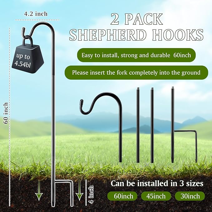 2 Pcs 60 Inch Shepherds Hook for Outdoor Adjustable Bird Feeder Pole Metal Steel Shepard Hooks for Hummingbird Stand Feeder Pole for Garden Plant, Lantern, Hanging Wedding Decor