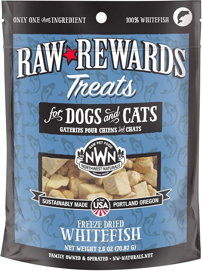 Northwest Naturals Raw Rewards Freeze-Dried Whitefish Treats for Dogs and Cats - Bite-Sized Pieces - Healthy, 1 Ingredient, Human Grade Pet Food, All Natural, Proudly Made in USA, 2.5 Oz