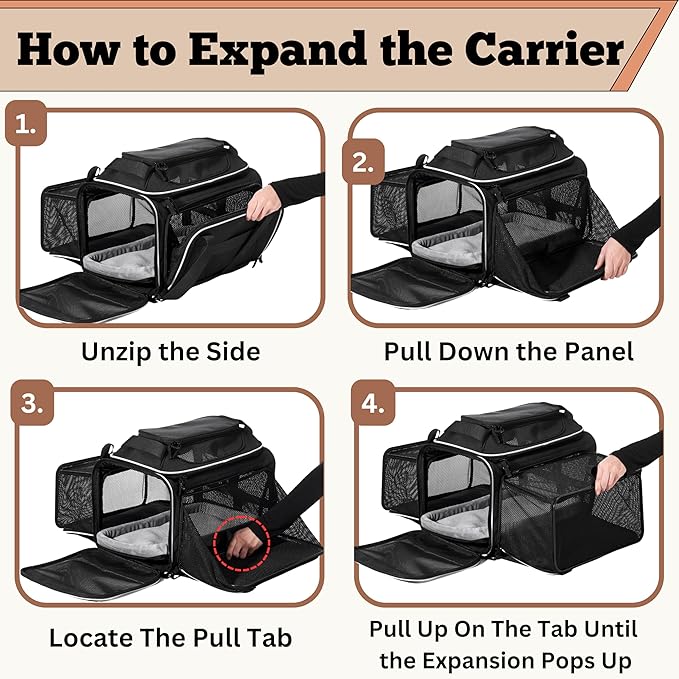 Airline Approved Top-Expanding Pet Carrier on Wheels- Extra Spacious Soft Lined Carrier! 18x11x11 (Black, Expanding Sides)