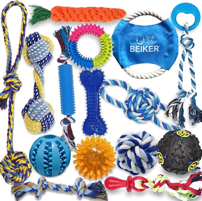 Beiker Dog Teething Chew Toys - 15 Pack Small Medium Breed Puppy Toy, Variety Dogs Rope Chew Toys Bundle for Boredom, Pet Interactive Squeaky Treat Dispensing Ball for Puppies