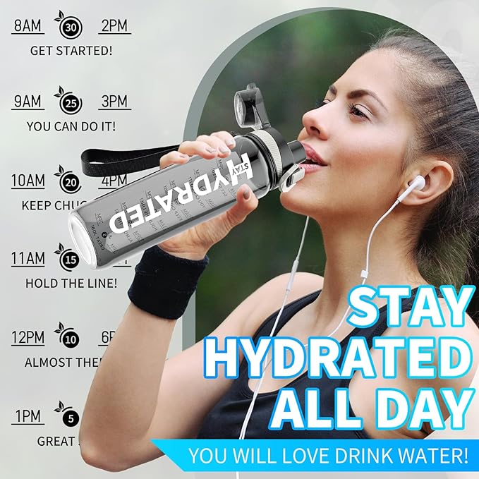 Water Bottle, 32 oz Motivational Water Bottles with Time Marker-Tritan & BPA Free, Sports Water Bottle with Time to Drink & Strap, Wide Mouth, Leakproof -Gift for Christmas Gym Fitness & Outdoor