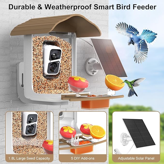 birdsnap® PAV- Smart Bird Feeder with Camera Solar Powered, 64GB Card & 2K HD Record Video Bird Camera Live with 5 DIY Add-ons, AI Identify Auto Capture, Ideal Gift for Birds Lover