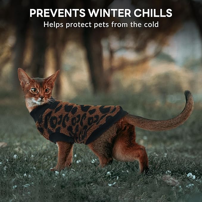 PUMYPOREITY Winter Warm Cat Sweater - Super Soft & Elastic Knit with Plush Fleece, Easy-On Design with Ribbed Neck & Cuffs, Stretchy Cat Outfit for Indoor/Outdoor Use,Brown, L