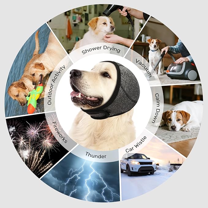 Dog Ear Muffs Noise Protection, No Flap Ear Wraps Cover for Dogs Bath Grooming, Adjustable Dog Calming Hoodie Hematoma Anxiety Firework Thunder,Waterproof Dogs Shower Cap Drying Swimming Bathing (LG)