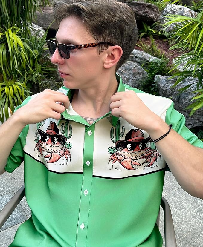 Men’s Hawaiian Shirt Western Cowboy Symmetrical Print Short Sleeve Button Down Casual Beach Holiday Summer Shirt