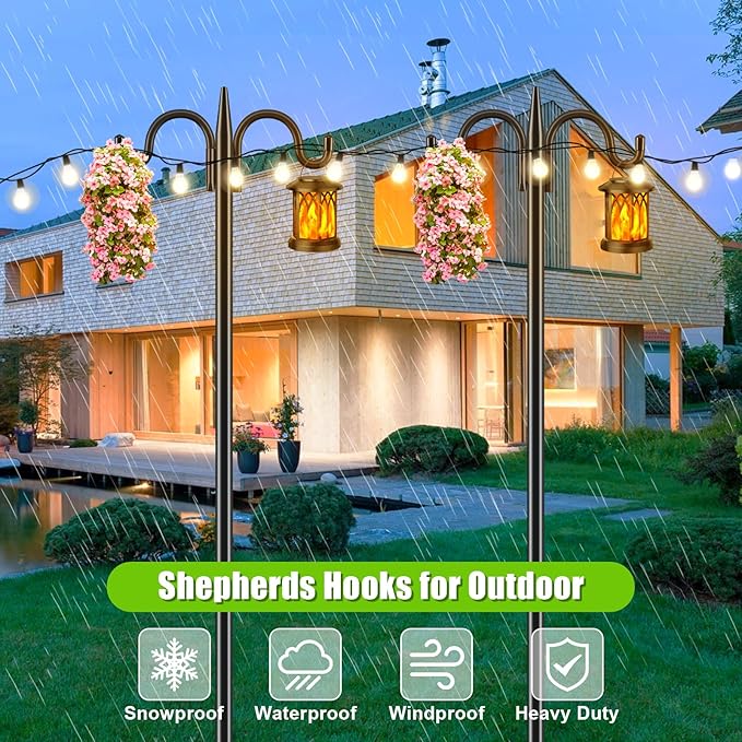 Gtongoko Double Shepherds Hook 92 Inch Bird Feeder Pole 1 Pack 3/4 Inch Thick Heavy Duty Garden Hooks for Outdoor Hanging Hummingbird Feeder, Plant Baskets, Solar Light Lanterns, String Light