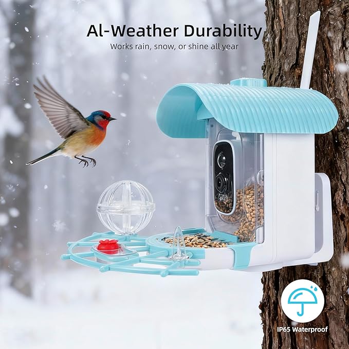 Bird Feeder with Camera, Smart Bird Camera with AI Identify BirdSpecies, Auto Record BirdVideo, Instant Notifications, 2K Video Live Stream Camera with Solar Panel for Birds Lover (Blue)