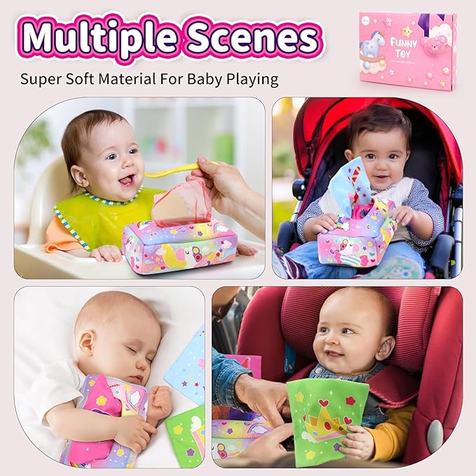 Baby Toys 6 to 12 Months - Tissue Box Toy, Tissue Learning Toys with Alphabet Number Color Sound, Baby Sensory Toy Gifts for 6 9 12 18 Months Old