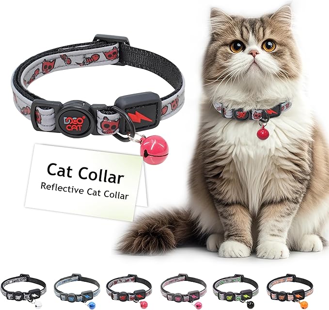DOCO Cat Collar (Neck Girth - 3/8" x 7.5-12", Weight Upto - 13lb) Reflective Cat Collar with Bell, Breakaway Safety Buckle, Adjustable Nylon Strap for Kittens & Adult Cats (Red)
