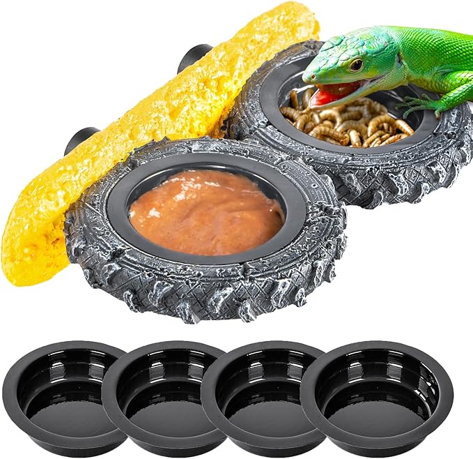 Gecko Gecko Feeder Ledge, Magnetic Reptile Feeding Ledge with 4 Food Bowls, Natural Tire-Design Resin Base for Bearded Dragon, Snake, Frog in Glass/PVC/Acrylic/Wood Tanks