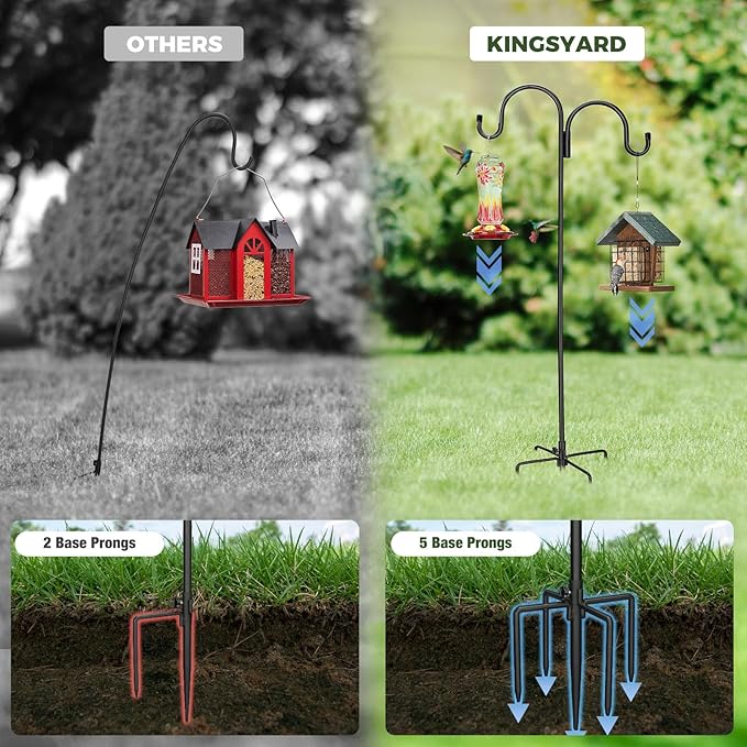Kingsyard Adjustable Double Shepherds Hook for Outdoor - 92" Heavy Duty Bird Feeder Pole w/ 5-Prong Base, Hummingbird Feeder Stand for Garden, Plant Baskets, Solar Light Lantern