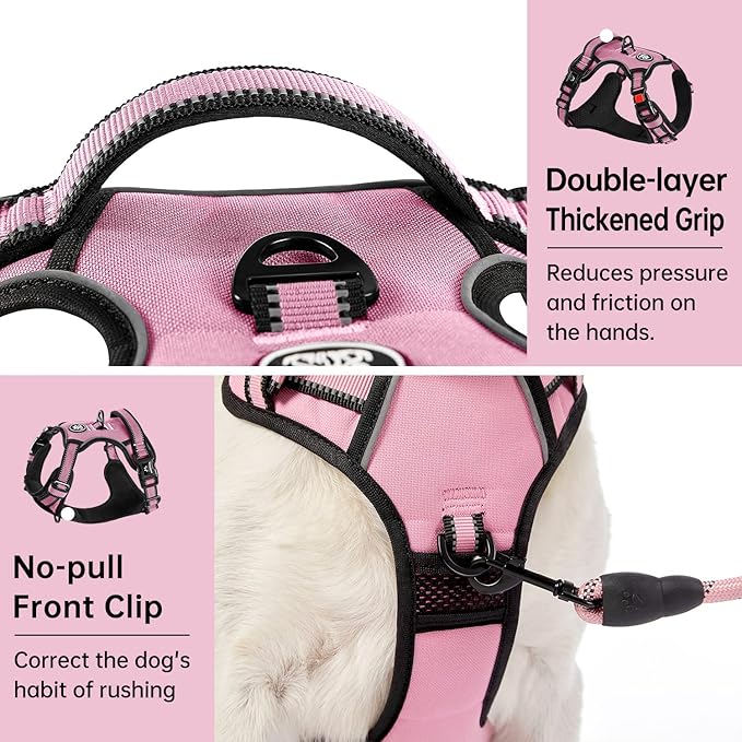 IVY&LANE No Pull Dog Harness for Large Dogs, Reflective Dog Vest Harness with Leash, Safety Belt and Storage Strap, Fully Adjustable Harness with Soft Handle (Pink, L)
