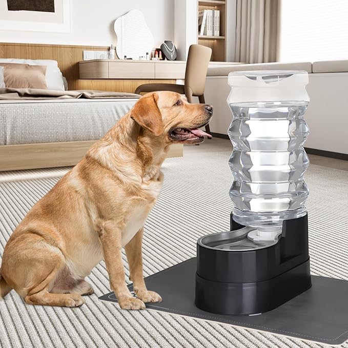 RIZZARI Upgraded Automatic Dog Water Dispenser: 9L Black Gravity Large Stainless Steel Raised Pet Feeder with Filter - Includes 2 Extra Filters & 2 Bottle Caps - Pet Feeder for Dogs Indoor Outdoor
