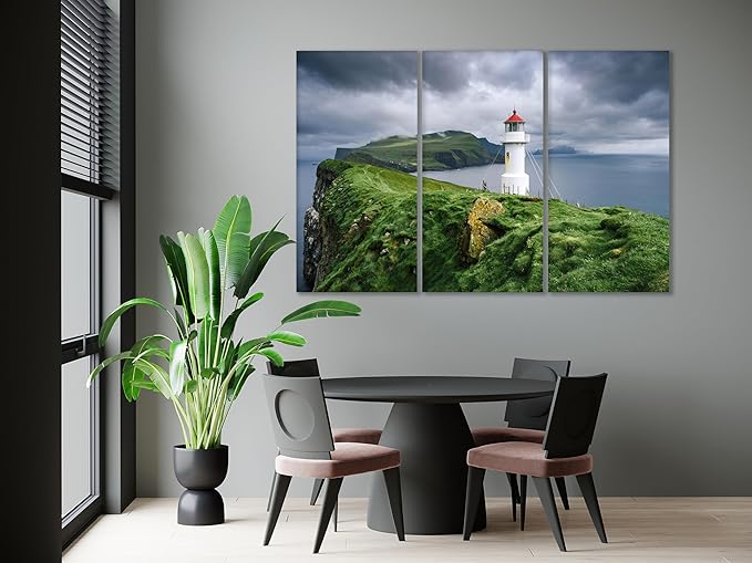 Nature Wall Art Prints - Ocean Forest Mountain Lake Canvas Landscapes - Small to Extra Large Living Room Bedroom Kitchen Bathroom Décor (Stormy Sky Lighthouse, 31L" x 47W" - 3 Panels)