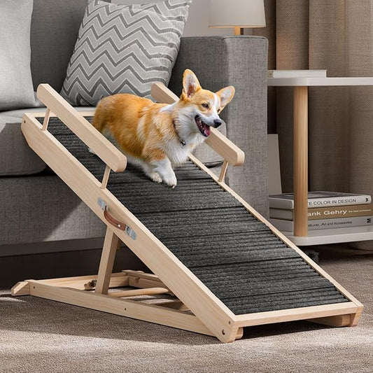 Dog Ramp for Bed, Couch, Car, Folding Pet Ramps 44.48" Long Adjustable 15"-22" Wooden Stairs with High Traction Mat & Safety Side Rails for Small & Medium Old Dogs & Cats, up to 200 lbs