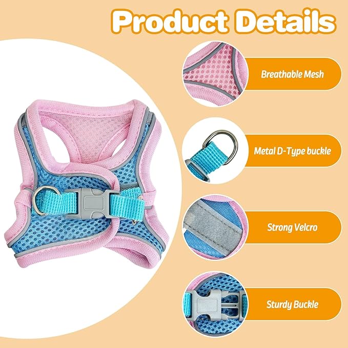 PINVNBY 2 Pack Bunny Hsrness and Leash Set Adjustable Rabbit Harness with Reflective Strips Double Buckle Pet Vest Eescape Proof for Small Rabbit Kitten Puppy Walks Accessories (Pink Blue, S)