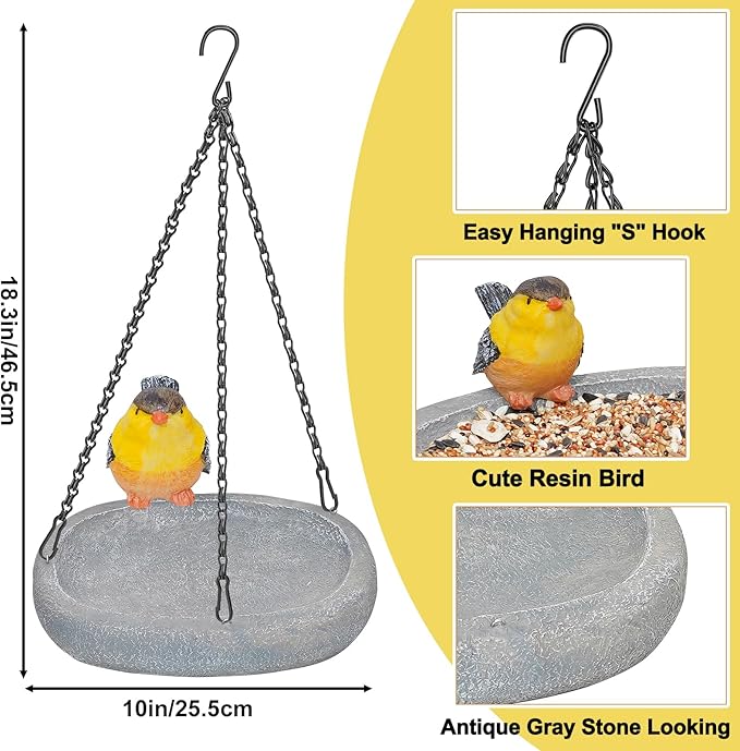 Hanging Bird Bath, Resin Ground Birdbath Feeder Bowl with Vintage Bird Ornament, Garden Birdfeeder Bath for Garden Yard Patio Decor (Ellipses)