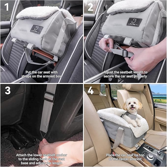 A 4 Pet Center Console Dog Car Seat for Small Dogs Cats, Booster Seat for Puppy with Safety Tethers, Pet Car Seat with Safe Protective Hooks,Washable Cushion - Portable Carrier for Pets Up to 8 Lbs